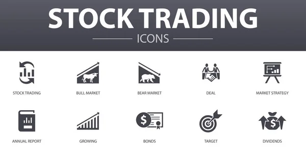 Obchodování na burze jednoduché koncepce ikony nastavit. Obsahuje ikony, jako je býčí trh, medvědí trh, výroční zpráva, cíl a další, lze použít pro web, logo — Stockový vektor