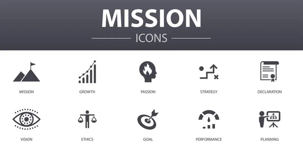 Missão simples conjunto de ícones de conceito. Contém ícones como crescimento, paixão, estratégia, desempenho e muito mais, pode ser usado para web, logotipo —  Vetores de Stock