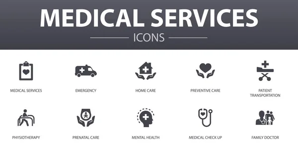 Medische diensten eenvoudige concept iconen ingesteld. Bevat dergelijke pictogrammen als Spoedeisende Hulp, Preventieve zorg, patiënt Vervoer, prenatale zorg en nog veel meer, kan worden gebruikt voor web, logo — Stockvector