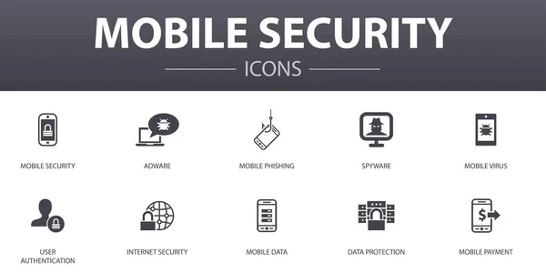 Sécurité mobile icônes concept simple ensemble. Contient des icônes telles que le phishing mobile, les logiciels espions, la sécurité sur Internet, la protection des données et plus, peut être utilisé pour le Web, logo — Image vectorielle