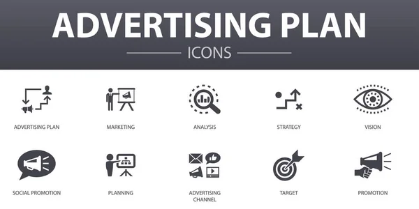 Διαφημιστικό Σχέδιο απλό εικονίδια έννοια που. Περιέχει εικόνες όπως το μάρκετινγκ, τη στρατηγική, το σχεδιασμό, το στόχο και πολλά άλλα, μπορεί να χρησιμοποιηθεί για το web, το λογότυπο — Διανυσματικό Αρχείο