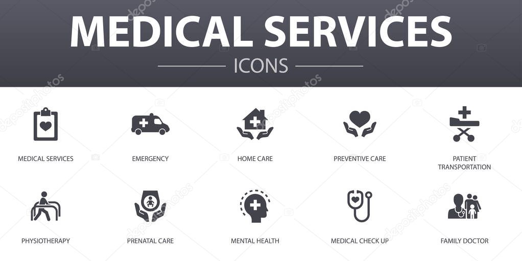 Medical services simple concept icons set. Contains such icons as Emergency, Preventive care, patient Transportation, Prenatal care and more, can be used for web, logo