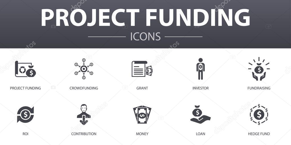 project funding simple concept icons set. Contains such icons as crowdfunding, grant, fundraising, contribution and more, can be used for web, logo
