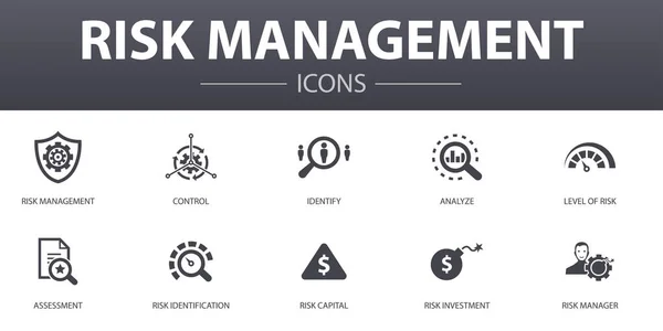 リスク管理シンプルなコンセプトアイコンセット。コントロール、識別、リスクのレベル、分析などのアイコンが含まれており、ウェブ、ロゴに使用できます。 — ストックベクタ