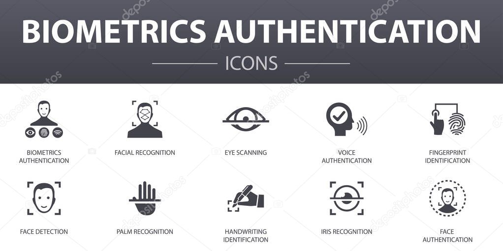 Biometrics authentication simple concept icons set. Contains such icons as facial recognition, face detection, fingerprint identification, palm recognition and more, can be used for web, logo
