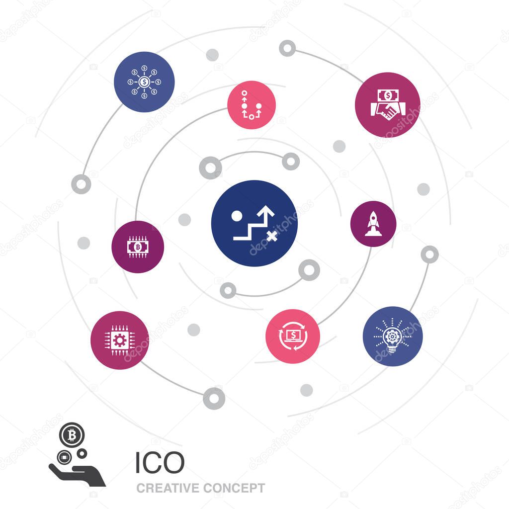 ICO colored circle concept with simple icons. Contains such elements as cryptocurrency, startup, digital economy