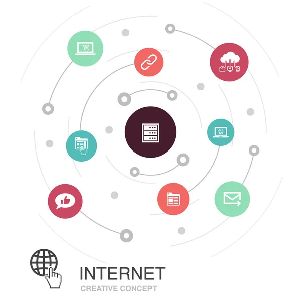 Internet barevný kruh koncept s jednoduchými ikonami. Obsahuje takové prvky, jako je elektronický obchod, sociální média, webové stránky — Stockový vektor