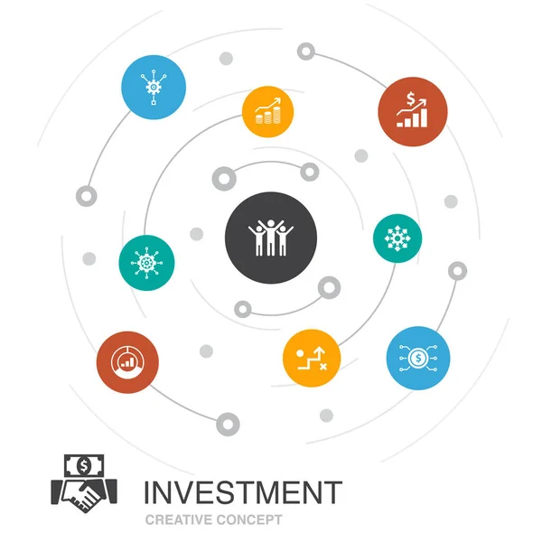 Concepto de círculo de colores de inversión con iconos simples. Contiene elementos tales como beneficio, activo, mercado, éxito — Vector de stock