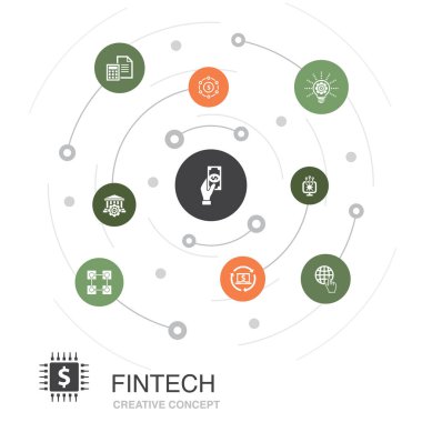Fintech renkli daire konsepti ve basit simgeler. Finans, teknoloji, blok zinciri gibi unsurlar içerir