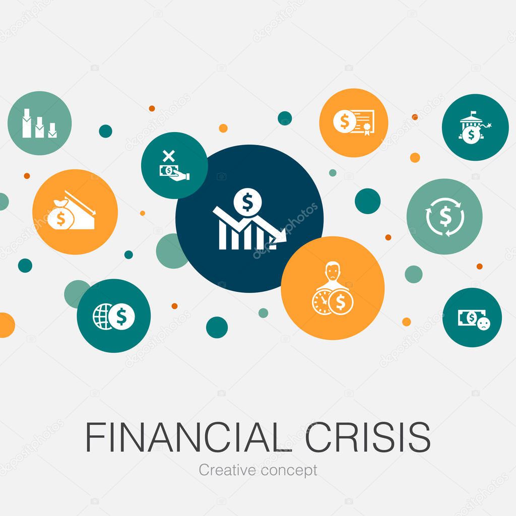 financial crisis trendy circle template with simple icons. Contains such elements as budget deficit, Bad loans, Government debt