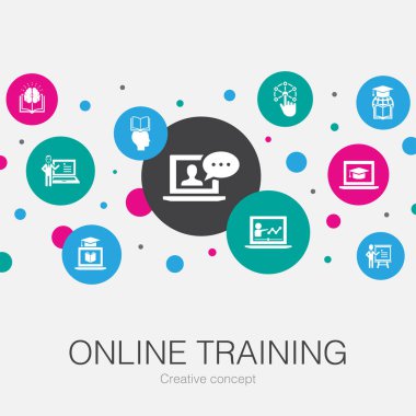 Basit simgelerle çevrimiçi eğitim çemberi şablonu. Mesafe öğrenme, öğrenme, öğrenme, yeniden kazanma gibi ögeler içerir