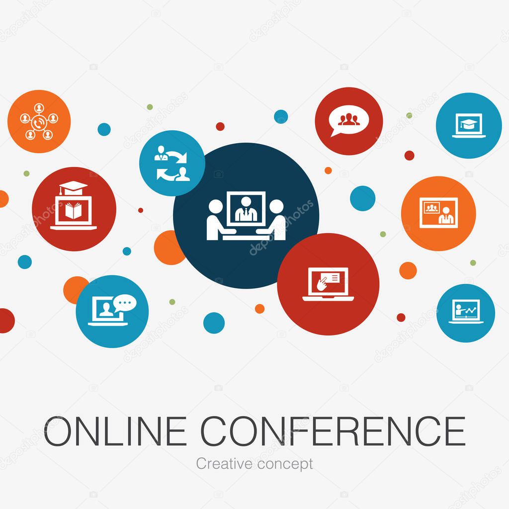 online conference trendy circle template with simple icons. Contains such elements as group chat, online learning, webinar, call