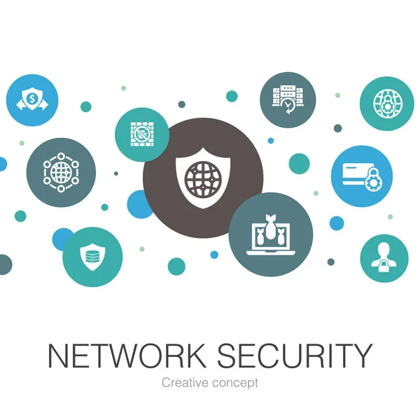 Network security trendy circle template with simple icons. Contains such elements as private network, online privacy, backup system, data — Stock Vector