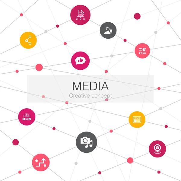 Media plantilla web de moda con iconos simples. Contiene elementos tales como noticias, reportero, infografías — Vector de stock