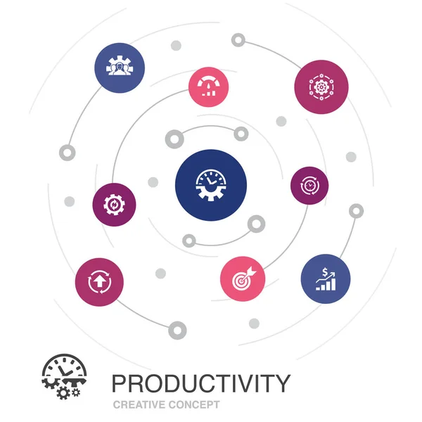 Concepto de círculo de color de productividad con iconos simples. Contiene elementos tales como rendimiento, objetivo, sistema — Vector de stock