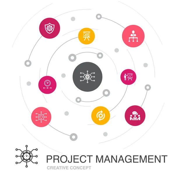 Project management gekleurde cirkel concept met eenvoudige pictogrammen. Bevat elementen als Projectpresentatie, Bijeenkomst, workflow, Risico — Stockvector