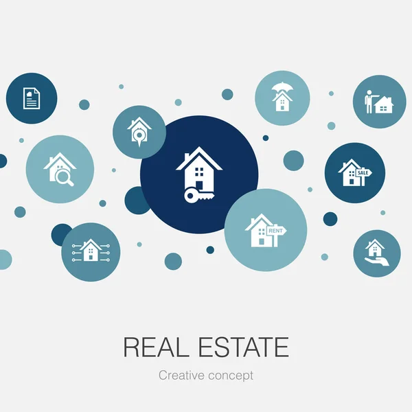 Real Estate trendy cirkel template met eenvoudige pictogrammen. Bevat elementen als eigendom, makelaar, locatie — Stockvector