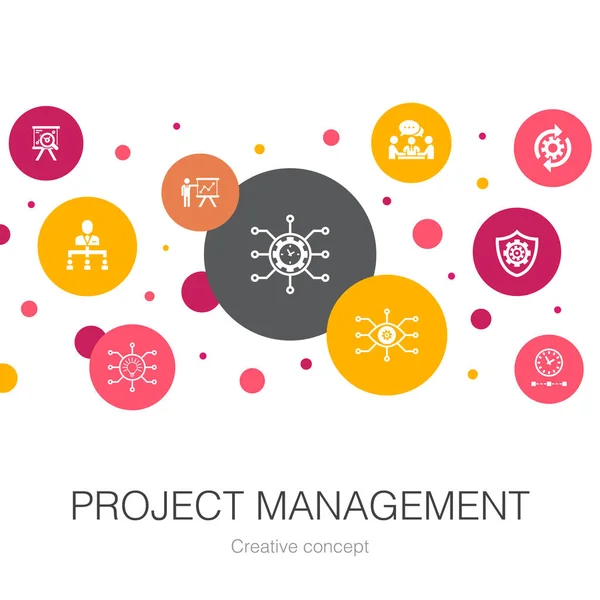 Plantilla de círculo de moda de gestión de proyectos con iconos simples. Contiene elementos tales como Presentación de proyectos, Reunión, Gestión de riesgos — Archivo Imágenes Vectoriales