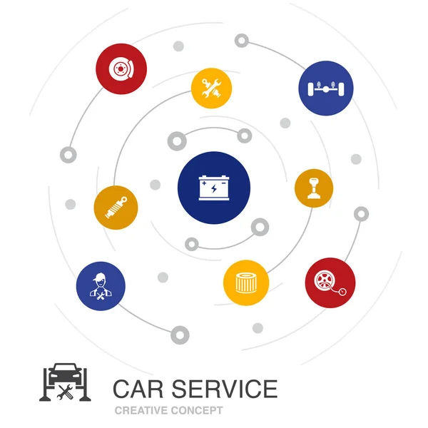 Servicio de coches concepto de círculo de colores con iconos simples. Contiene elementos tales como freno de disco, suspensión, piezas de repuesto — Vector de stock