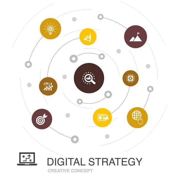 Digital strategy colored circle concept with simple icons. Contains such elements as internet, SEO, content marketing — Stock Vector