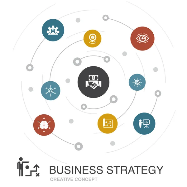 Geschäftsstrategie farbiges Kreiskonzept mit einfachen Symbolen. enthält Elemente wie Planung, Geschäftsmodell, Vision — Stockvektor