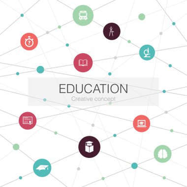 Basit simgelerle eğitim modu web şablonu. Mezuniyet, mikroskop, sınav, okul gibi unsurlar içeriyor.