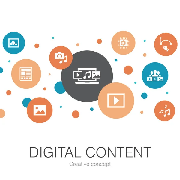 Modelo de círculo moderno conteúdo digital com ícones simples. Contém elementos como imagem vetorial, mídia, vídeo — Vetor de Stock