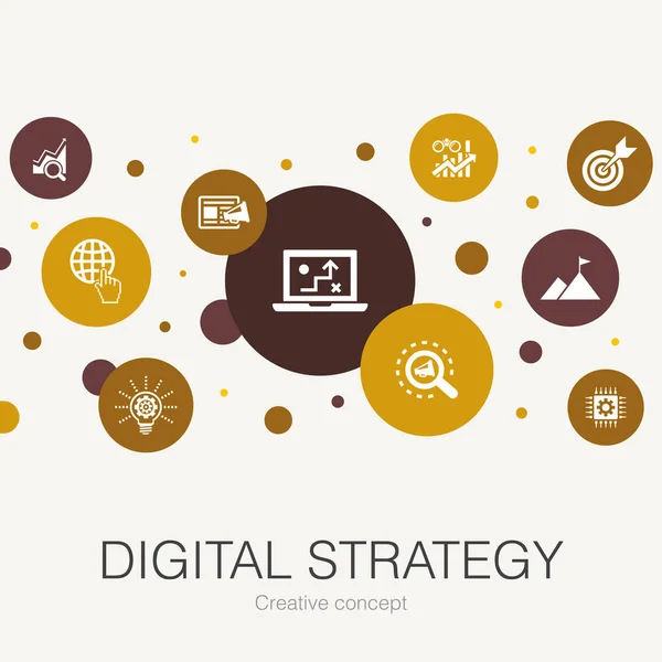 Digitale Strategie trendige Kreisvorlage mit einfachen Symbolen. enthält Elemente wie Internet, SEO, Content Marketing — Stockvektor