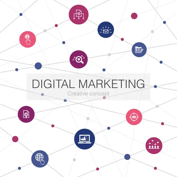 Trendige Web-Vorlage für digitales Marketing mit einfachen Symbolen. enthält Elemente wie Internet, Marketingforschung, soziale Kampagne — Stockvektor