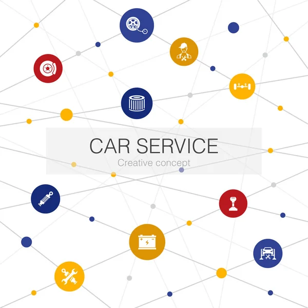 Modelo web moderno do serviço de carro com ícones simples. Contém elementos como freio de disco, suspensão, peças sobressalentes — Vetor de Stock