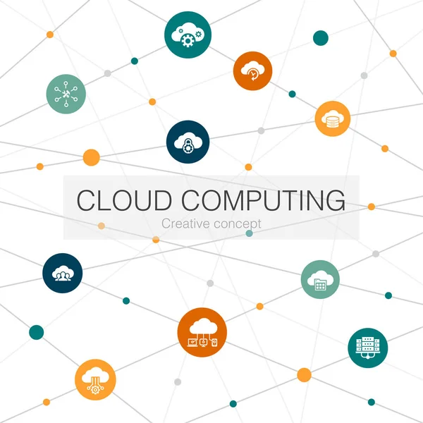 Cloud computing modèle Web à la mode avec des icônes simples. Contient des éléments tels que Cloud Backup, datacenter, SaaS, fournisseur — Image vectorielle