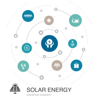 Güneş enerjisi renkli daire konsepti ve basit simgeler. Güneş, pil, yenilenebilir enerji ve enerji gibi elementler içerir.