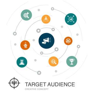Basit simgelerle hedef kitle renkli daire konsepti. Tüketici, nüfus grafikleri, niş gibi unsurlar içerir