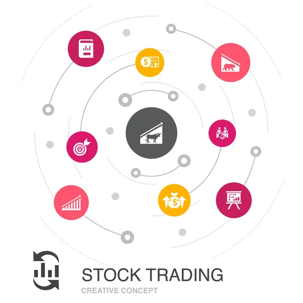 Concepto de círculo de comercio de valores de color con iconos simples. Contiene elementos tales como mercado de toros, mercado de osos, informe anual — Archivo Imágenes Vectoriales