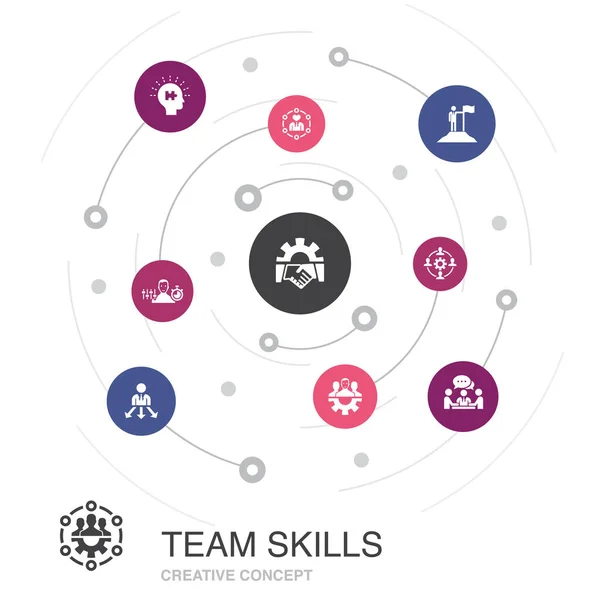 Teamfähigkeit farbiges Kreiskonzept mit einfachen Symbolen. enthält Elemente wie Zusammenarbeit, Kooperation, Teamarbeit — Stockvektor
