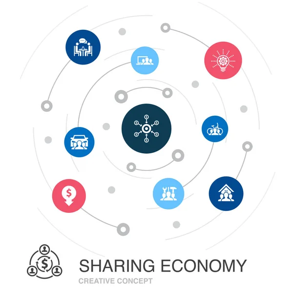 Dzielenie się koncepcją kolorowego koła gospodarki z prostymi ikonami. Zawiera takie elementy jak współpracowanie, współdzielenie samochodów, finansowanie społecznościowe — Wektor stockowy