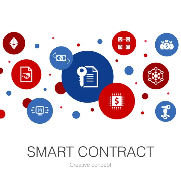 Smart Contract modny wzór koła z prostymi ikonami. Zawiera takie elementy jak blockchain, transakcja, decentralizacja — Wektor stockowy