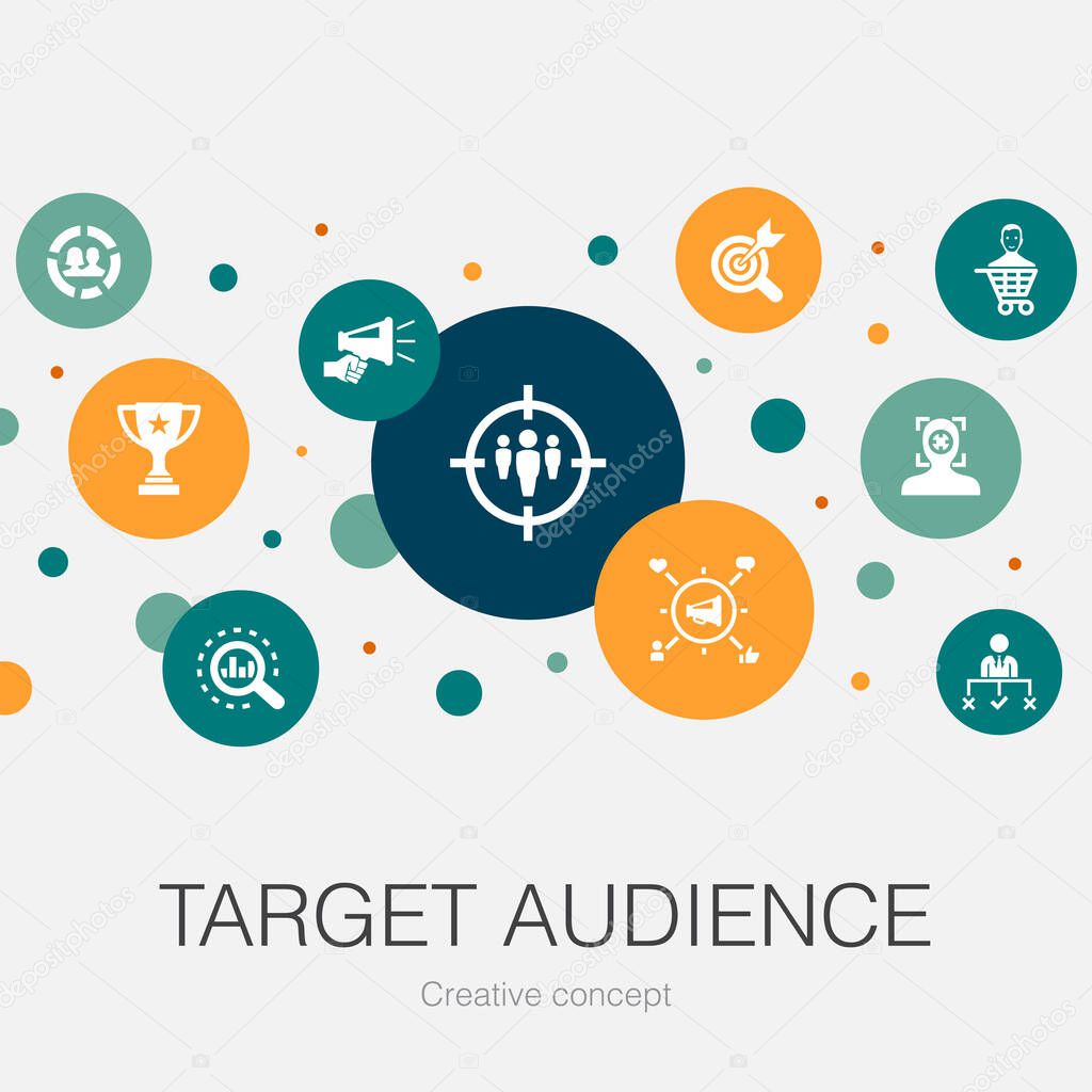 target audience trendy circle template with simple icons. Contains such elements as consumer, demographics, niche