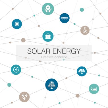 Basit simgelerle güneş enerjisi modasına uygun ağ şablonu. Güneş, pil, yenilenebilir enerji ve enerji gibi elementler içerir.