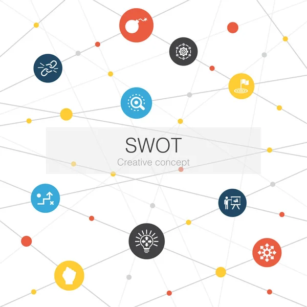 SWOT plantilla web de moda con iconos simples. Contiene elementos tales como Fuerza, debilidad, oportunidad — Vector de stock