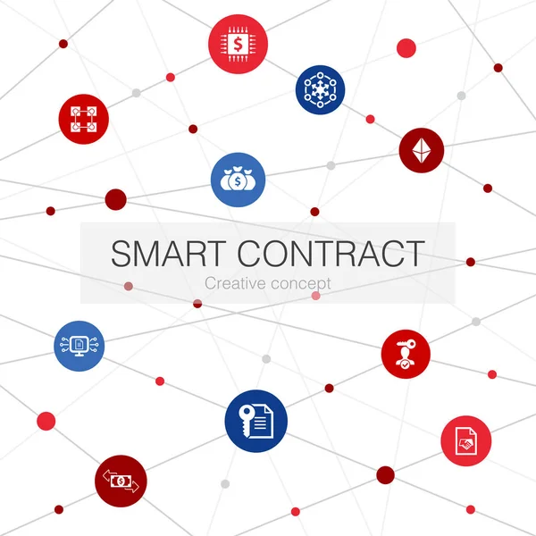 Smart Contract modny szablon internetowy z prostymi ikonami. Zawiera takie elementy jak blockchain, transakcja, decentralizacja — Wektor stockowy