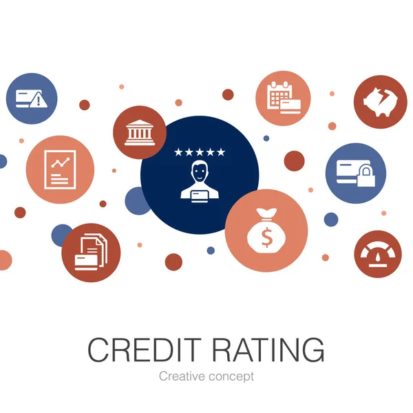 Kreditní rating módní kruh šablona s jednoduchými ikonami. Obsahuje prvky jako úvěrové riziko, kreditní skóre, konkurs, poplatek — Stockový vektor
