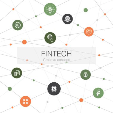 Fintech moda web şablonu ve basit simgeler. Finans, teknoloji, blok zinciri gibi unsurlar içerir