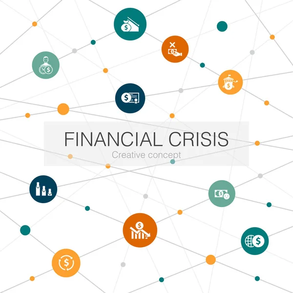 Crisis financiera plantilla web de moda con iconos simples. Contiene elementos tales como déficit presupuestario, préstamos fallidos, deuda pública — Archivo Imágenes Vectoriales