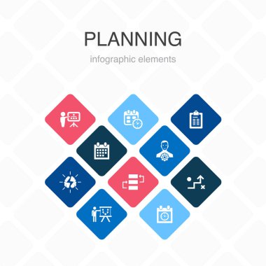 Infographic 10 seçenek renk tasarımı planlanıyor. Takvim, zamanlama, zaman çizelgesi, Eylem Planı basit simgeler
