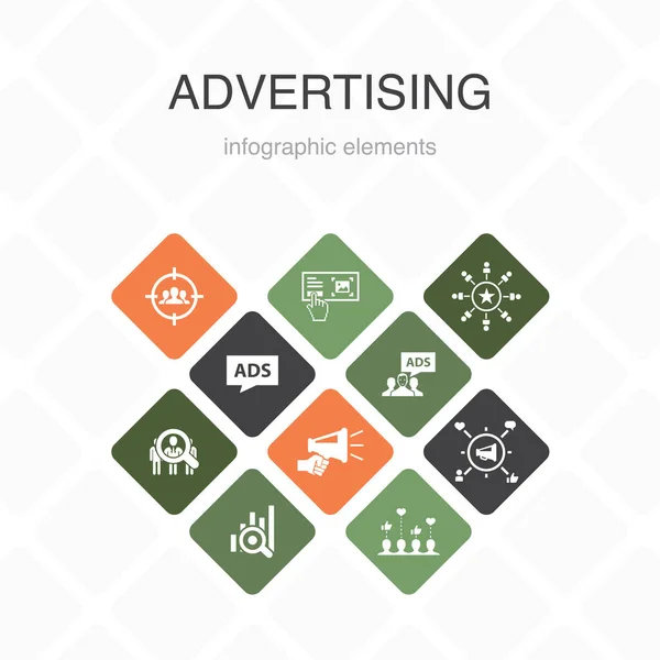 Διαφήμιση Infographic 10 επιλογή σχεδιασμό χρώματος.Έρευνα αγοράς, Προώθηση, ομάδα στόχος, Μάρκα Ευαισθητοποίηση απλά εικονίδια — Διανυσματικό Αρχείο