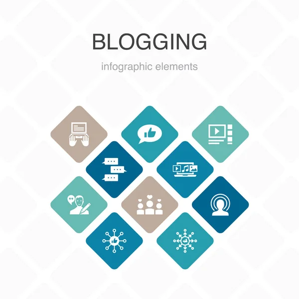 Blogging Infografica 10 opzioni colore design.social media, Commenti, Blogger, contenuti digitali icone semplici — Vettoriale Stock