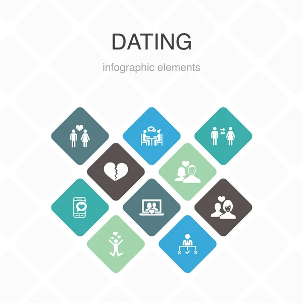 Namoro Infográfico 10 design de cores opção. casal apaixonado, se apaixonar, namoro aplicativo, relações ícones simples — Vetor de Stock