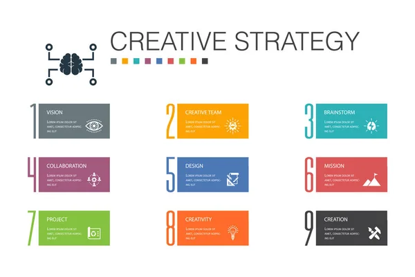 Creative Strategy Infographic Concepto de línea de 10 opciones.visión, lluvia de ideas, colaboración, iconos simples del proyecto — Vector de stock
