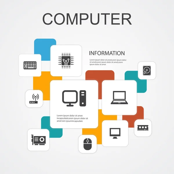 Computer Infographic plantilla de iconos de 10 líneas. CPU, Ordenador portátil, Teclado, disco duro iconos simples — Vector de stock